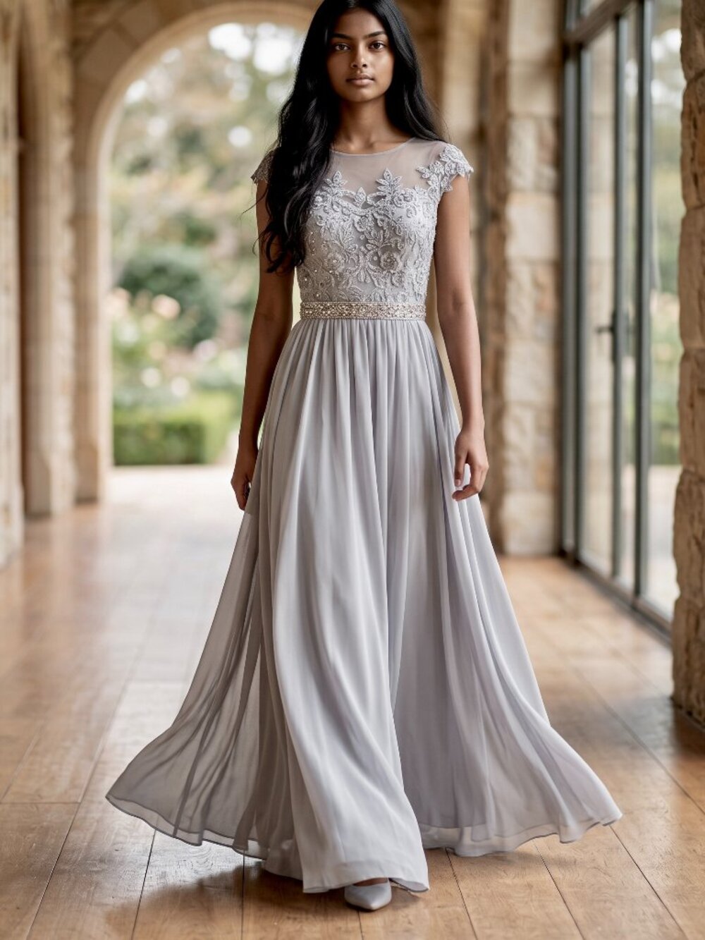 Let's lace rhinestone embroidered gray cup sleeves long gown L